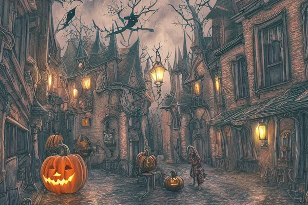 Giorno Halloween Illustrazione Della Città Vecchia Con Architettura Lanterne Strada Foto Stock