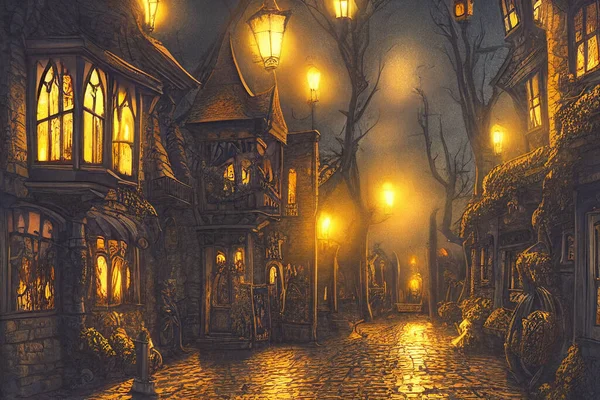 Illustrazione Halloween Della Città Vecchia Con Architettura Raccapricciante Lanterne Strada Immagine Stock
