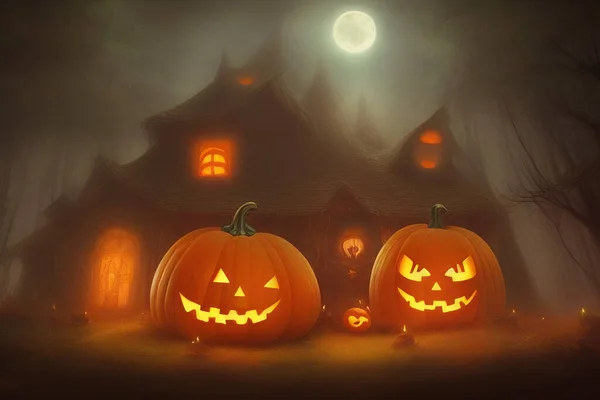 Glödande Halloween Pumpor Liten Tecknad Stad Med Hus Affisch Illustration — Stockfoto