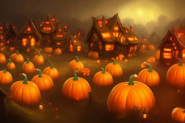 Halloween Zucche Arancioni Piccola Città Con Case Illustrazione Arte Intelligenza Immagini Stock Royalty Free