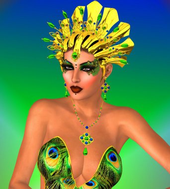 Tavus kuşu Kraliçe yeşil arka plan üzerine altın kaplama ile.