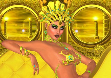 birden fazla güneş ile altın arka plan baştan çıkarıcı kadın şezlong üzerinde rahatlatıcı bu fantezi görüntü ekler.