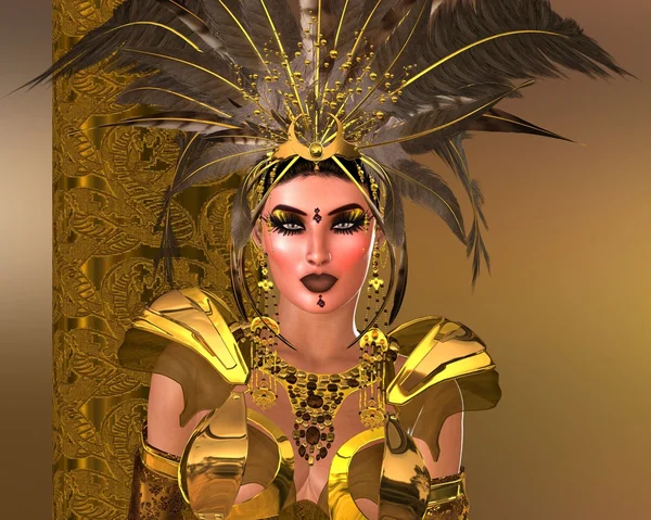 Feather Warrior Woman in gold armor. — Stock Photo, Image