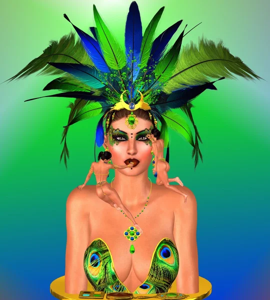 Peacock queen met make-up wordt toegepast — Stockfoto