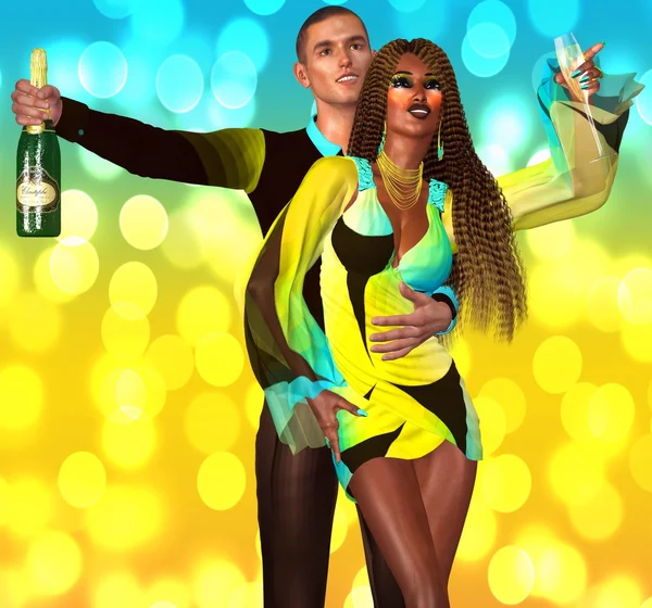 Celebrazione immagine di giovane coppia con champagne ballare contro uno sfondo bokeh — Foto Stock