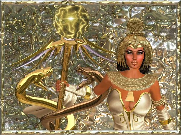 Großaufnahme der kaiserlichen Göttin, die ein Zepter mit zwei goldenen Schlangen in der Hand hält. — Stockfoto
