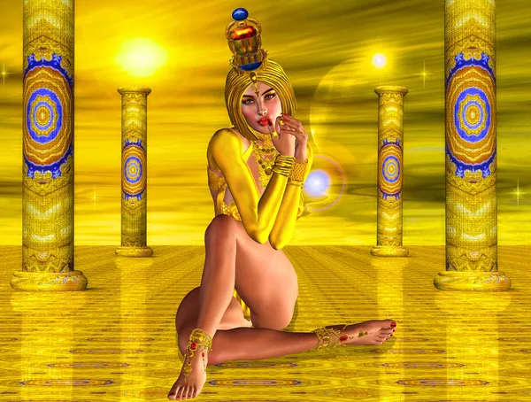 Alter ägyptischer Tempel mit Frau in Gold — Stockfoto