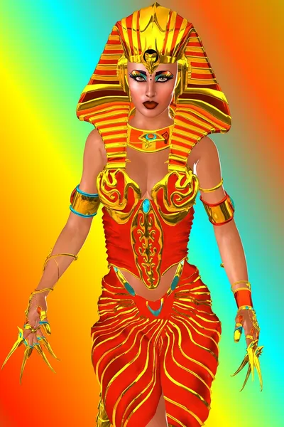 Een conceptueel beeld van een prachtige farao koningin permanent in een krachtige houding. haar lichaam wordt versierd met juwelen met inbegrip van lange gouden vinger spijker toebehoren. haar rode jurk is ook geregen met goud. Rechtenvrije Stockafbeeldingen