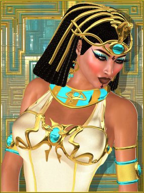 yüzü güzel Mısırlı Prenses soyut altın ve turkuaz yakın arka plan.