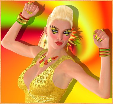 parti pilotunu dans eden sarışın kız soyut turuncu, sarı, kırmızı ve yeşil arka plan girdap. o onun favori dj Club yener taşır gibi disko olay kızışıyor.