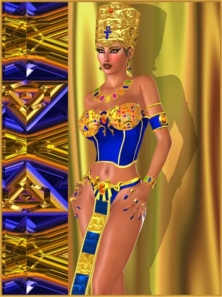 Ägyptische Schönheit mit geschmeidigem Augen-Make-up, BH und Krone, die vor einem abstrakten Hintergrund aus Gold, Blau und Kupfer steht. Schönheit, Mode und Macht kommen hier zum Ausdruck. — Stockfoto