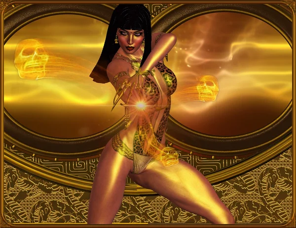 Scorpion Queen. A mystical woman conjures up a magic sphere of light while skulls float ominously in the golden sky background. — Stock Photo, Image