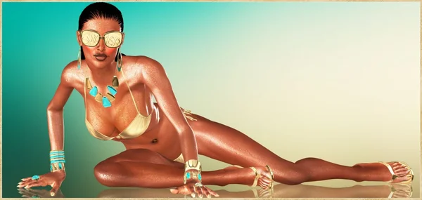 A gradient abstract background of turquoise and sand colors sets the scene for this sexy bikini girl lying on a reflective floor wearing sunglasses that say summer. — Stock Photo, Image