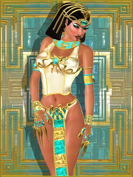 A beautiful Egyptian princess on abstract gold and turquoise background. — Stock Photo, Image