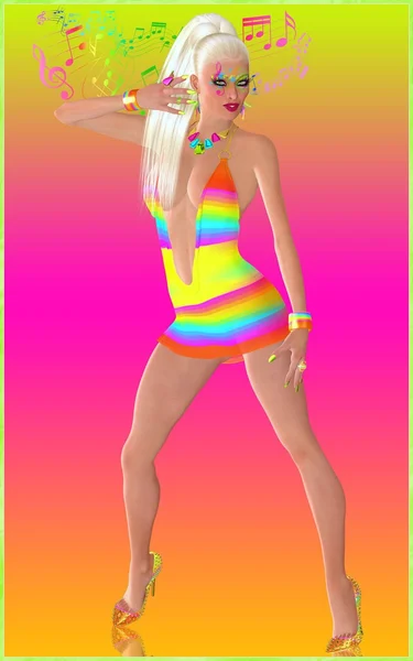 Retro disco dancing girl with musical notes as makeup, full size version. — Stock Photo, Image