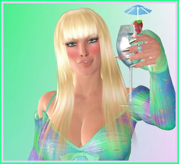 Eine schöne blonde Frau stößt mit einem Regenschirm in ihrem Cocktail auf die Party an, um für zusätzlichen Spaß zu sorgen. Der grüne Hintergrund des Verlaufs passt zu ihrer Modebluse und ist in einem Rahmen angeordnet. — Stockfoto