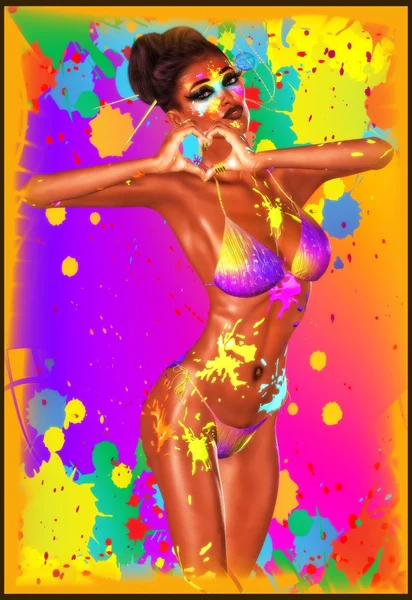 Herzstück der Kunst. nasse Farbe spritzt eine schöne Künstlerin in einem Bikini, die ihre Hände in einer Herzform hat, die sagt, dass ich Kunst liebe. — Stockfoto