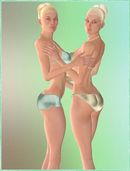 Two sexy blonde girls in bikinis hugging — Stock Photo, Image