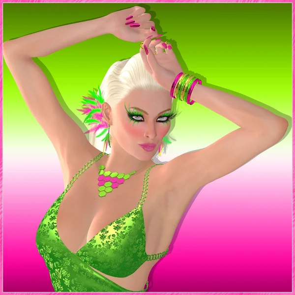 Disco dançando menina loira no fundo abstrato verde e rosa . — Fotografia de Stock