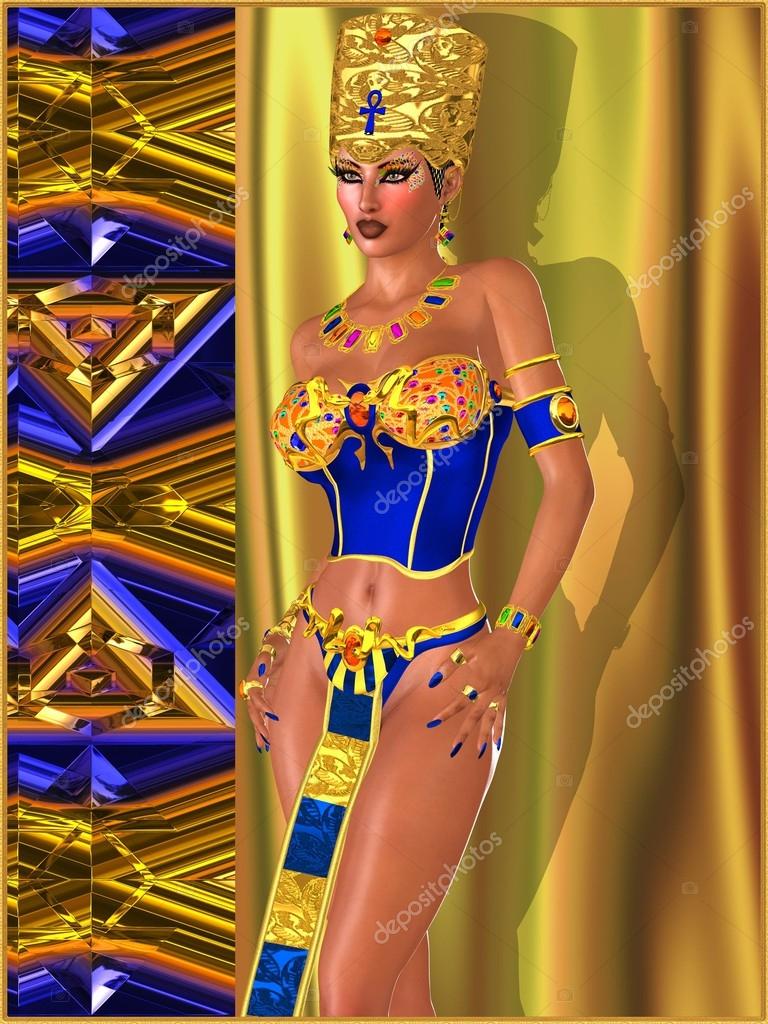 Egyptian Beauty with bejeweled eye makeup, bra and crown, standing against  a gold, blue and copper abstract background. Beauty, fashion and power are  all expressed here. Stock Photo by ©Tim0920 32367713