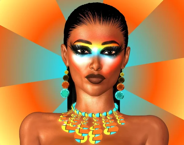 An abstract background enhances this close up face of a beautiful woman wearing chic fashion makeup. Her necklace matches the turquoise, yellow and orange background as well as the makeup. — Stock Photo, Image