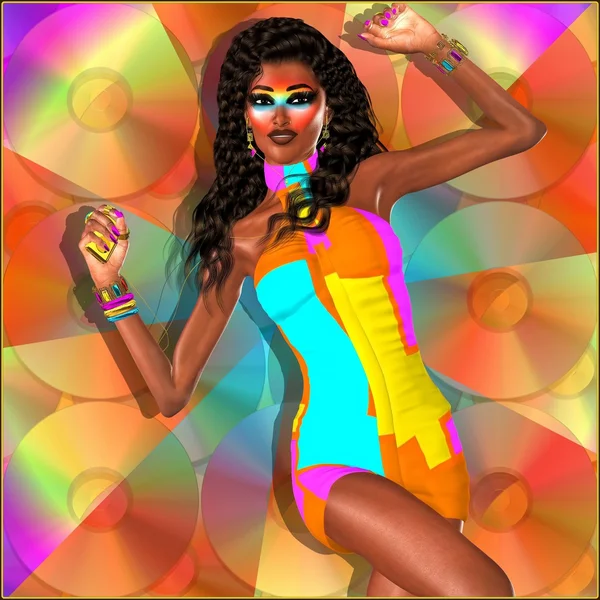 Close up of fun, dancing, club girl in a retro outfit against an abstract multicolored background. — Stock Photo, Image