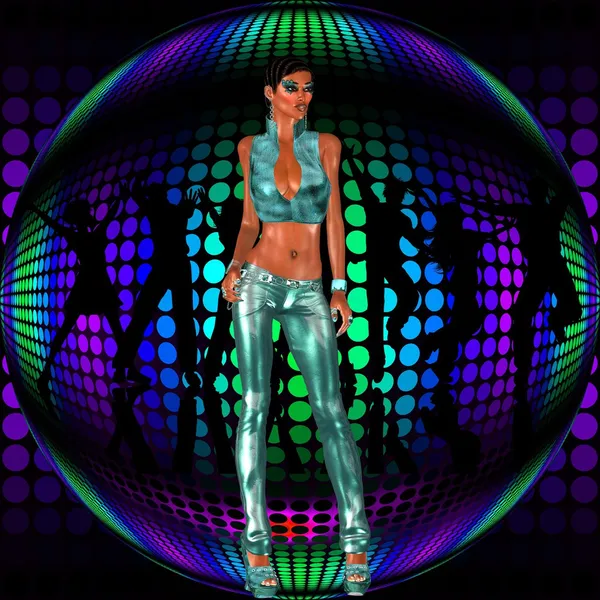 Sexy club girl stands before a retro disco dance ball with silhouette of dancers — Stock Photo, Image
