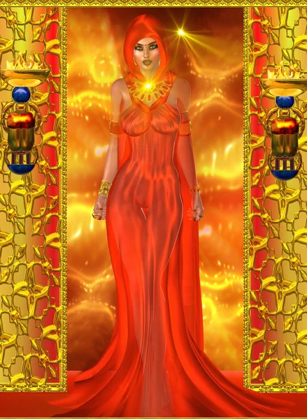 Uwodzicielski duchowe kobieta w czerwonym stoi przy wjeździe do nieznanego. — Zdjęcie stockowe