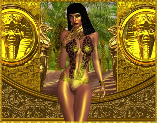 Mulher egípcia sedutora em roupa de banho impressão leopardo, revelando clivagem . — Fotografia de Stock