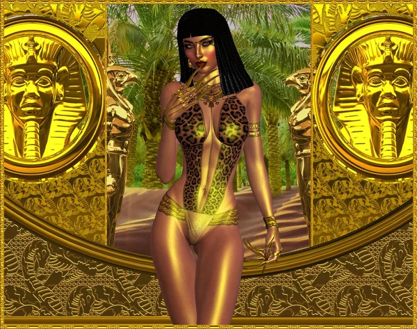 Seductive Egyptian woman in leopard print bathing suit, revealing cleavage. — Stock Photo, Image