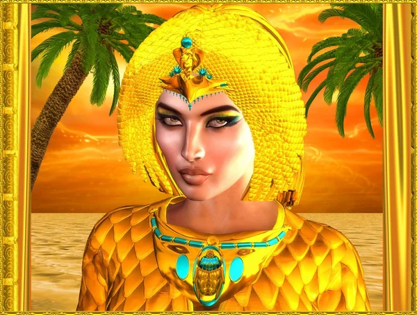Close up face of beautiful Egyptian woman wearing gold headdress. — Stock Photo, Image