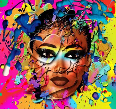 yapışan boya bir arka plan üzerinde güzel bir kızın yüzü yukarı kapatın.