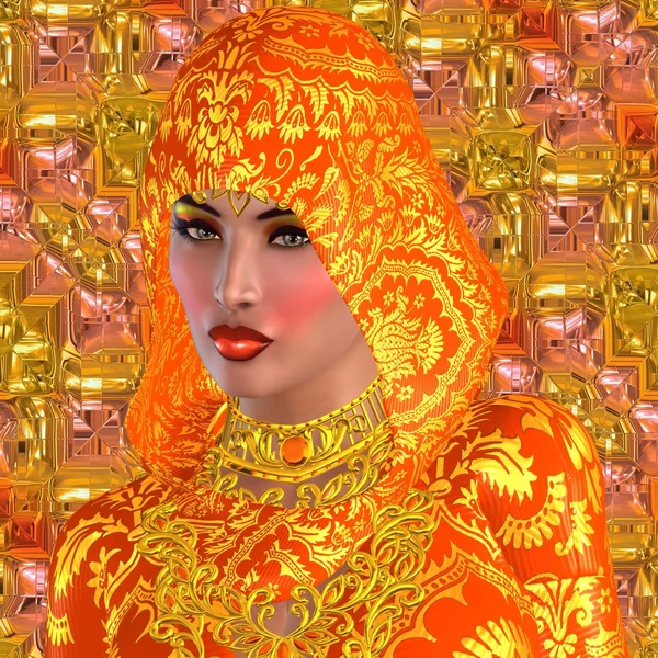 Красивое лицо выделяется из-под оранжевого капюшона на фоне оранжевой текстуры. Украшенные шелком, происхождение этой мистической женщины неизвестно. . — стоковое фото