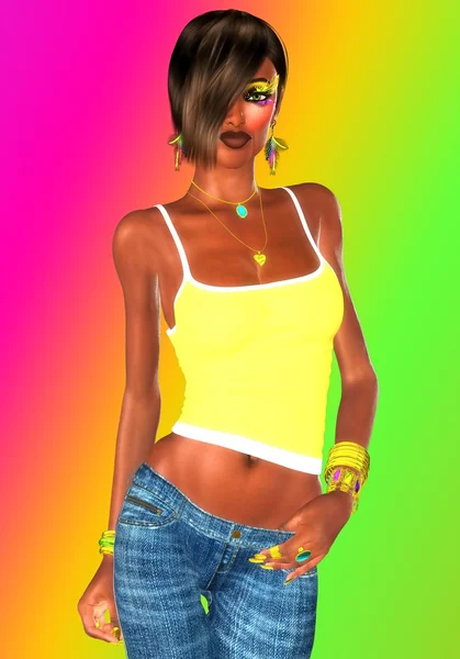 Top halter giallo e jeans a vita bassa mostrano gli addominali sexy di questa ragazza — Foto Stock