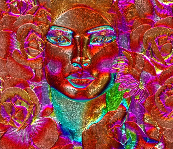 Czerwone tło kwiatowy z twarzy womans. — Zdjęcie stockowe