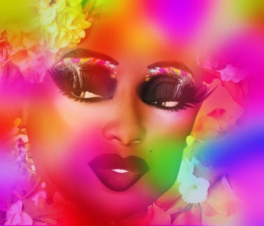 kadının yüzü soyut, yakın çekim. renkli soyut çiçek desenli bir kadının yüzü veils.