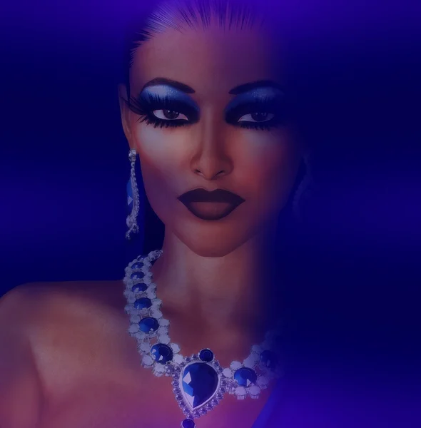 Elegant woman in jewels on a dark blue gradient background.