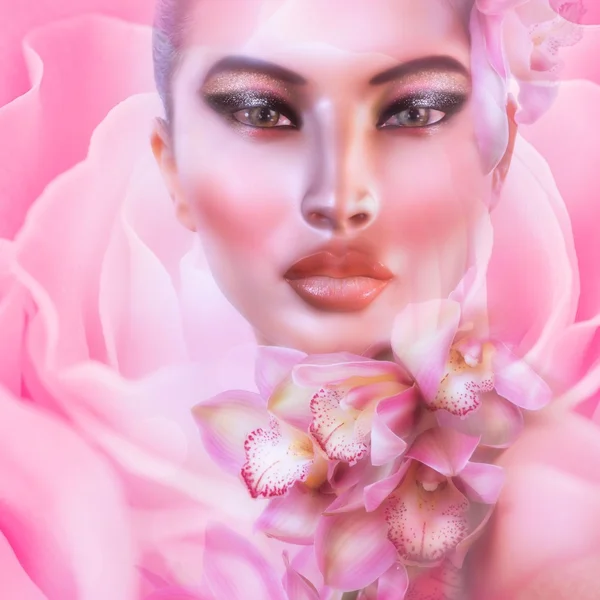 kadının yüzü ile soyut Pembe çiçek desenli.