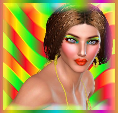 yüzü. güzel bir kadının yüzünde renkli göz farı çok renkli bir arka plan ile eşleşir..