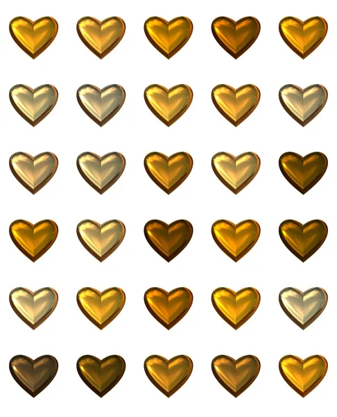 Goldherzen in verschiedenen Farbtönen, isoliert auf Weiß. — Stockfoto