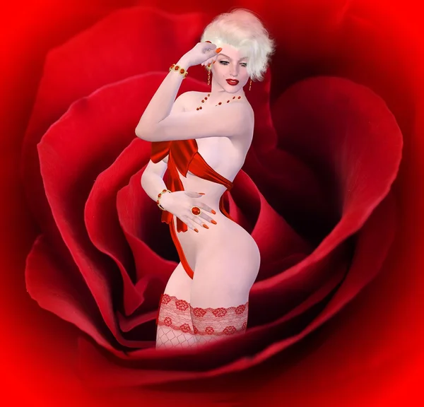 Blonďatá Sexbomba na červené růže. — Stock fotografie