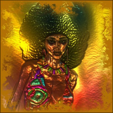 bir kadının afro bir saç modeli ile Retro metalik soyut resim.