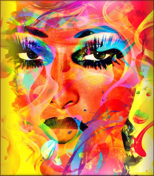 Barevné abstraktní zařízení woma si tvář. barevné stuhy vytváří abstraktní efekt na této krásné ženy zblízka obličej. — Stock fotografie