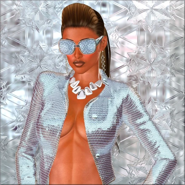 Diamantmädchen. ein abstrakter silberner Hintergrund schafft die Bühne für diese sexy Modeszene. — Stockfoto