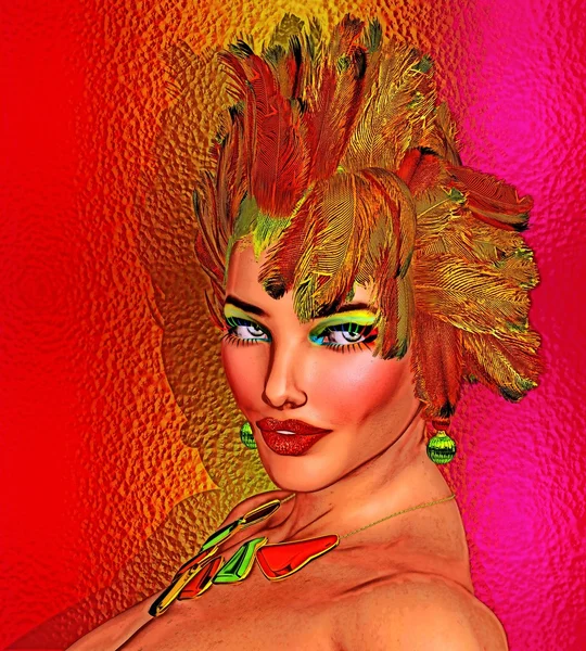 Colorful feathers adorn the head of a beautiful fashion model from the digital art world. — Stock Photo, Image