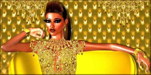 Goldene Eleganz, Frau auf Chaiselongue mit Goldkette und Kronleuchter. — Stockfoto