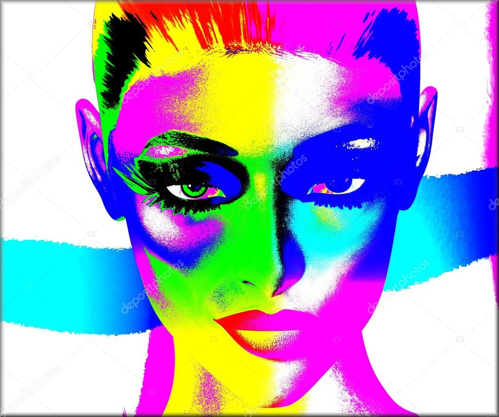 Colorful pop art image of a woman's face on a white background.  An abstract, punk style image.