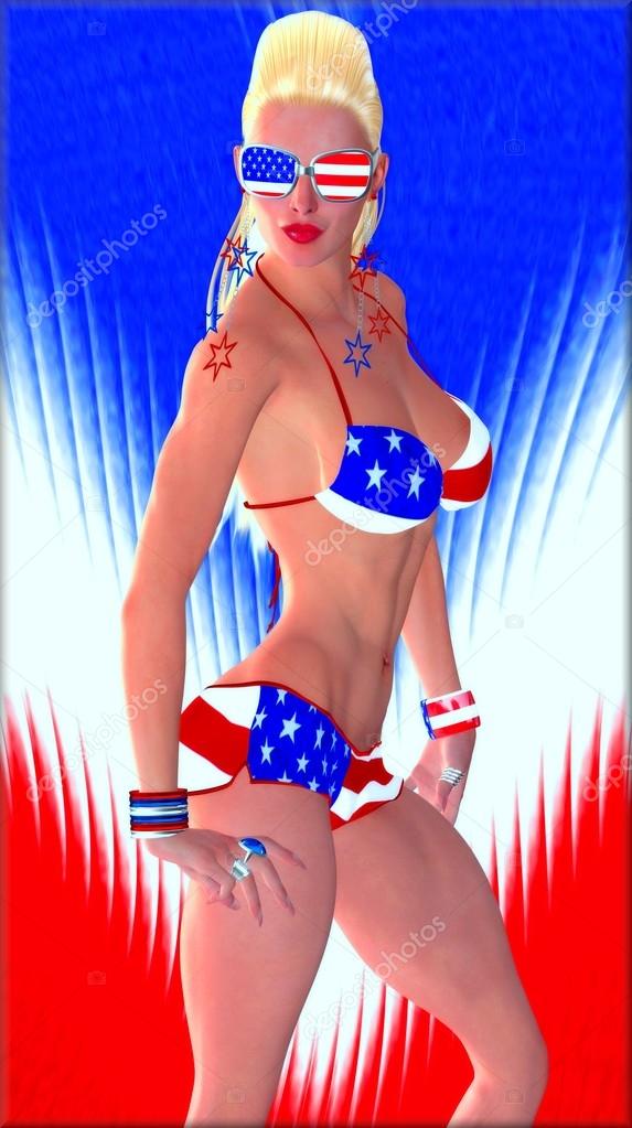 4Th Of July Sexy,Blonde American Girl in stars and stripes