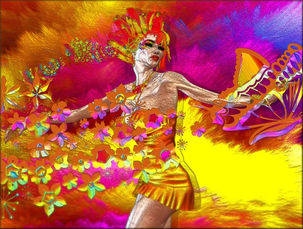 Färgglada blommor flyter runt en vacker kvinna — Stockfoto