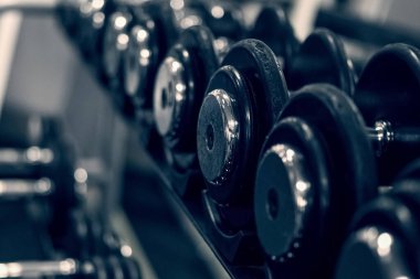 Spor salonunda ya da spor salonunda halterli bir raf. Spor ve spor yapıyorum. Vücut geliştirme.